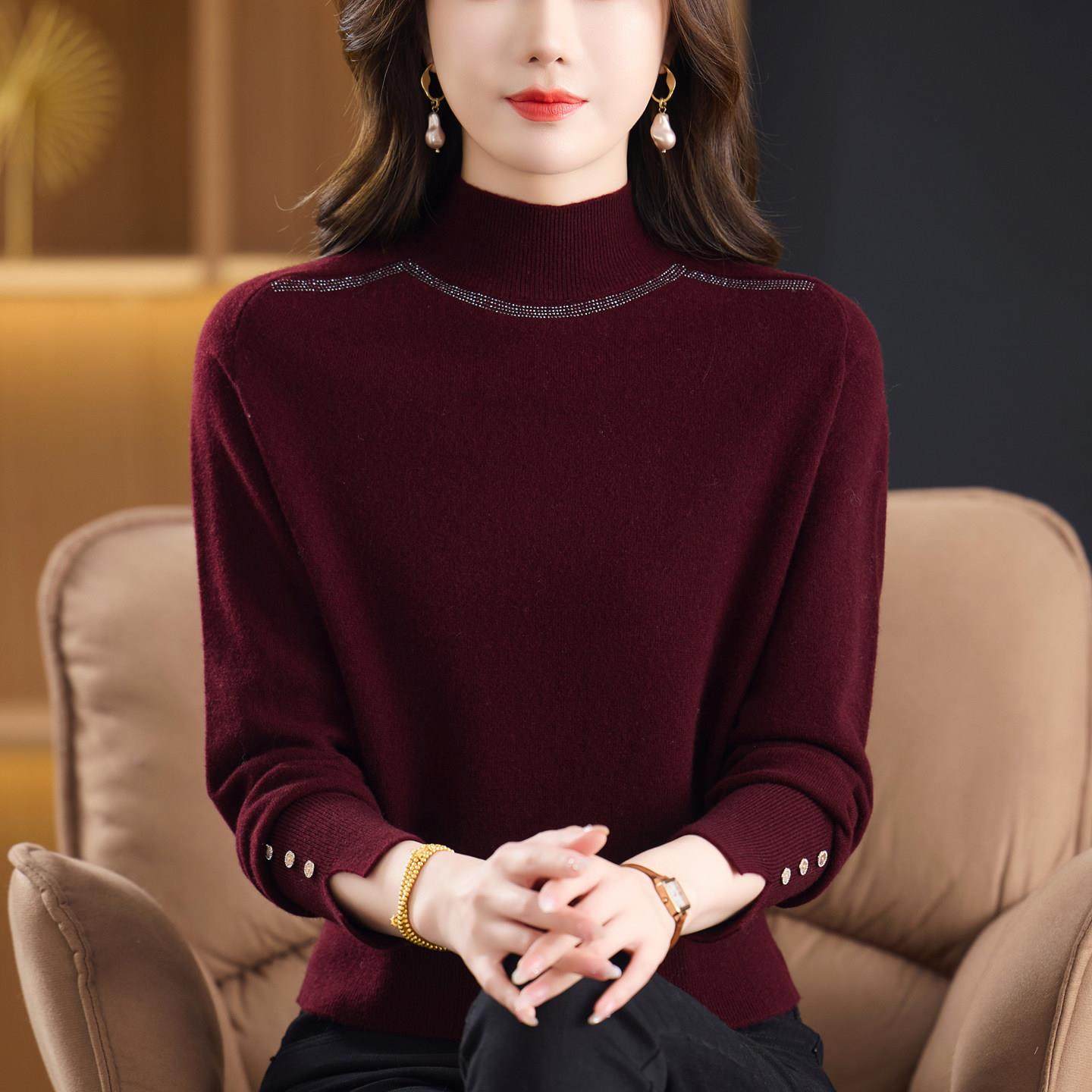 端庄气质妈妈款秋冬洋气内搭100%纯羊绒厚款毛衣中老年女打底毛衫
