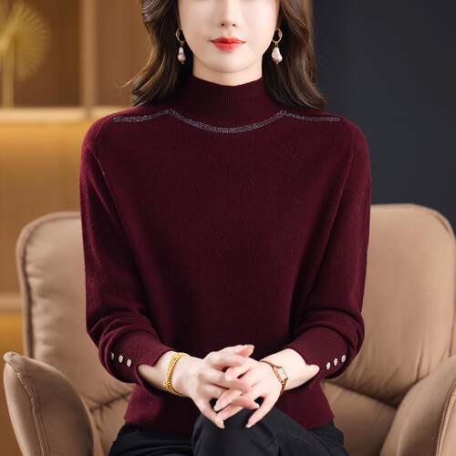 端庄气质妈妈款秋冬洋气内搭100%纯羊绒厚款毛衣中老年女打底毛衫