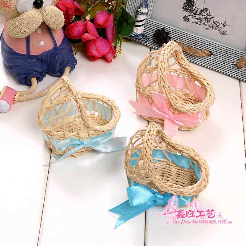 编织花篮 蝴蝶结装饰花篮 手工藤条编织收纳篮婴儿床花店摆件