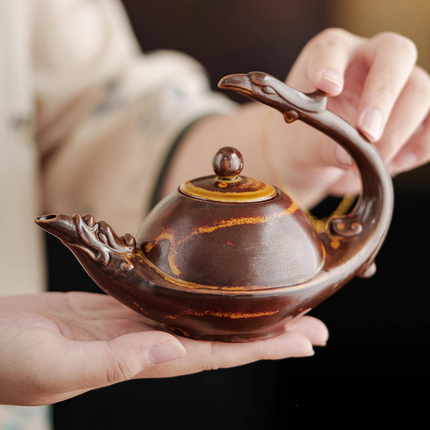 窑变古典棕黄茶壶泡茶家用陶瓷侧把壶单壶复古高档功夫茶具泡茶器