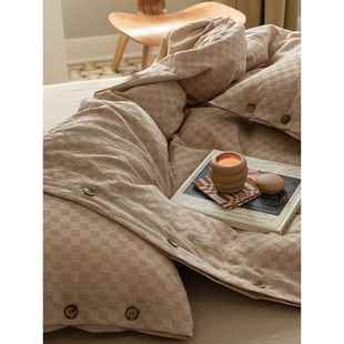 高档华复夫格提花古轻奢棋被盘全棉床床上四件套简约纯棉长绒棉套