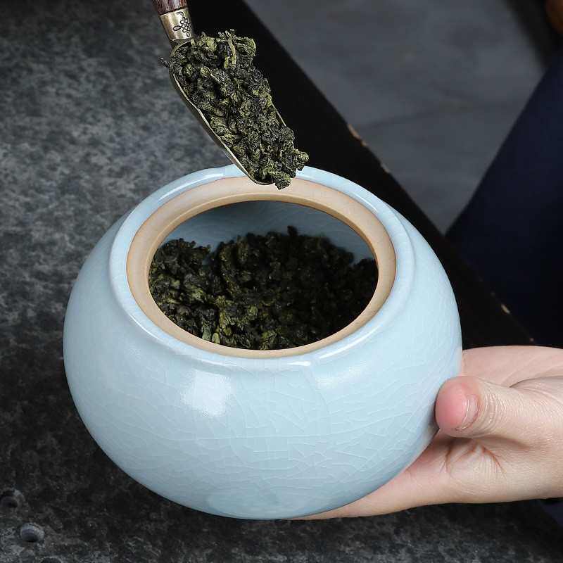 家用汝窑黑陶陶瓷茶叶罐居家汝瓷茶罐密封储物大容量醒茶罐防潮