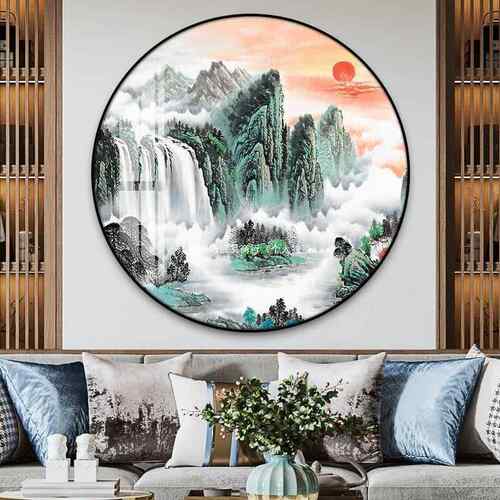 圆形关玄装式饰画新中山水画入AL703916户中正对门挂画国风走廊过