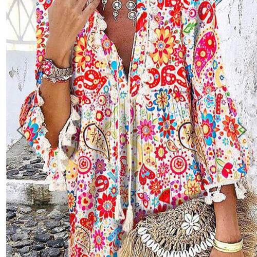 Printed collar pullover tassel ruffle sleeve dress
