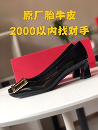 网红同款漆皮单鞋女rv方扣女鞋，方头粗跟平底mb伴娘婚鞋ol高跟细跟