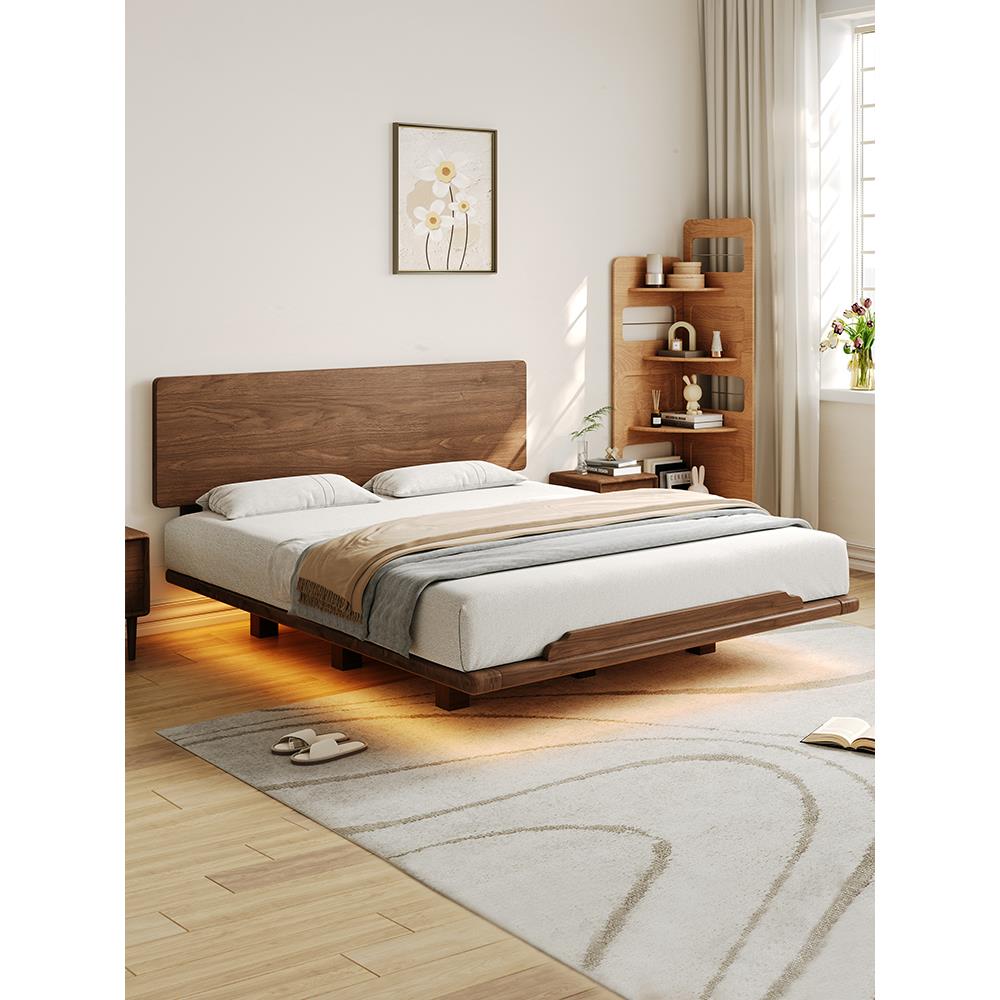 黑胡桃木床中古风实木床小户型薄床头可定制悬浮床主卧1米8双人床