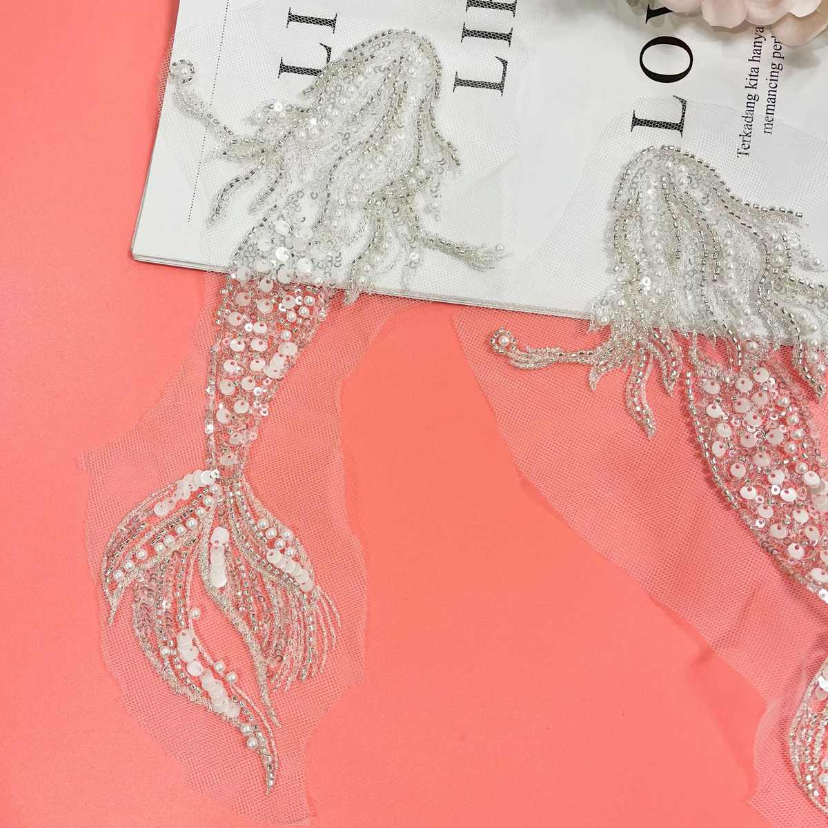 新款美人鱼服装花边钉珠立体补丁金鱼婚纱礼服头纱童装diy辅料