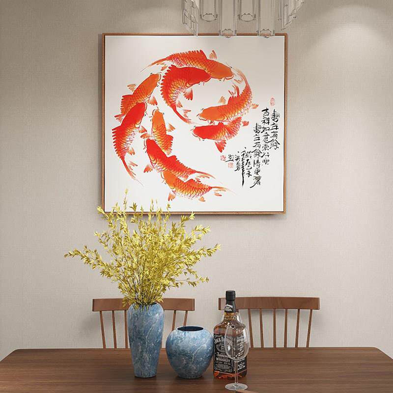 新中式装饰画九鱼图挂画风水招财聚财餐厅玄关年年有鱼荷花壁画