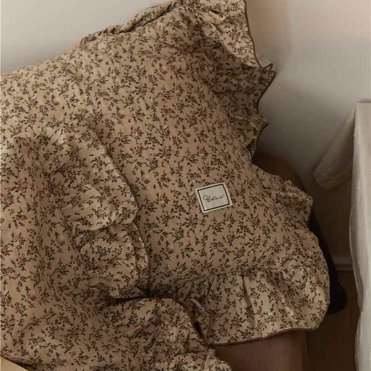法件边式复古双纱四件套纯棉小碎5656花床上用品荷叶公主深色层系