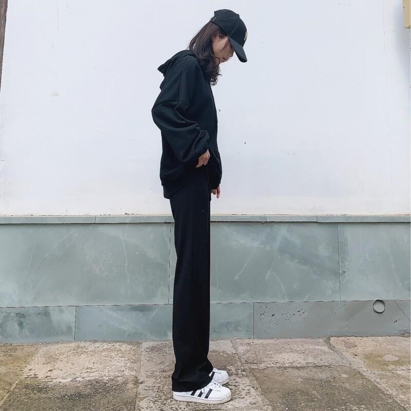 黑色窄版阔腿裤子女2025新款春秋针织垂感高腰直筒加绒拖地小个子