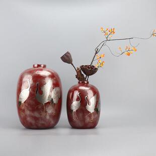 新中国风创意红鹤陶瓷花卉家居客厅入口餐桌餐具柜咖啡桌花卉装饰