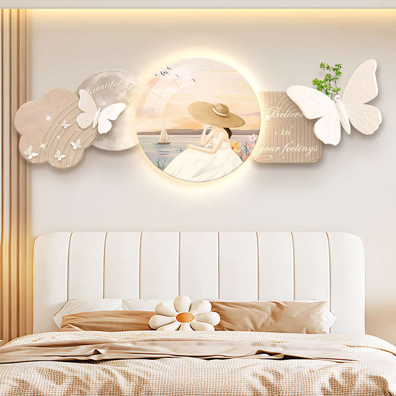 房间奶油感卧室蝴蝶北欧壁灯挂画装饰画墙高级风画主卧室背景床头图片