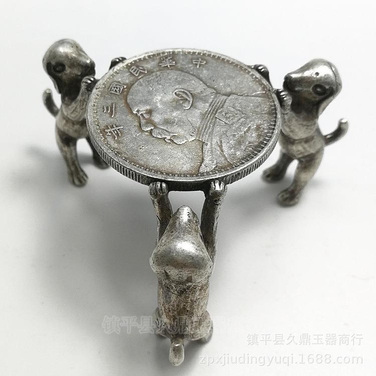 古玩杂项 仿古白铜狗狗造型烛台盘子底座铜器摆件