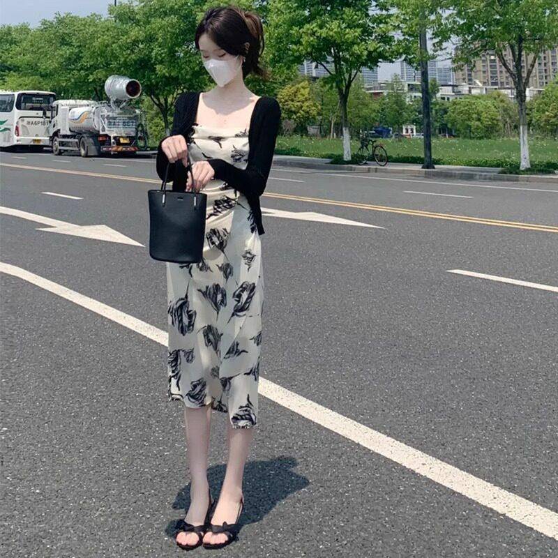 欧洲站法式碎花吊带洋装2025春季新款高级感修身显瘦开 衫两件套