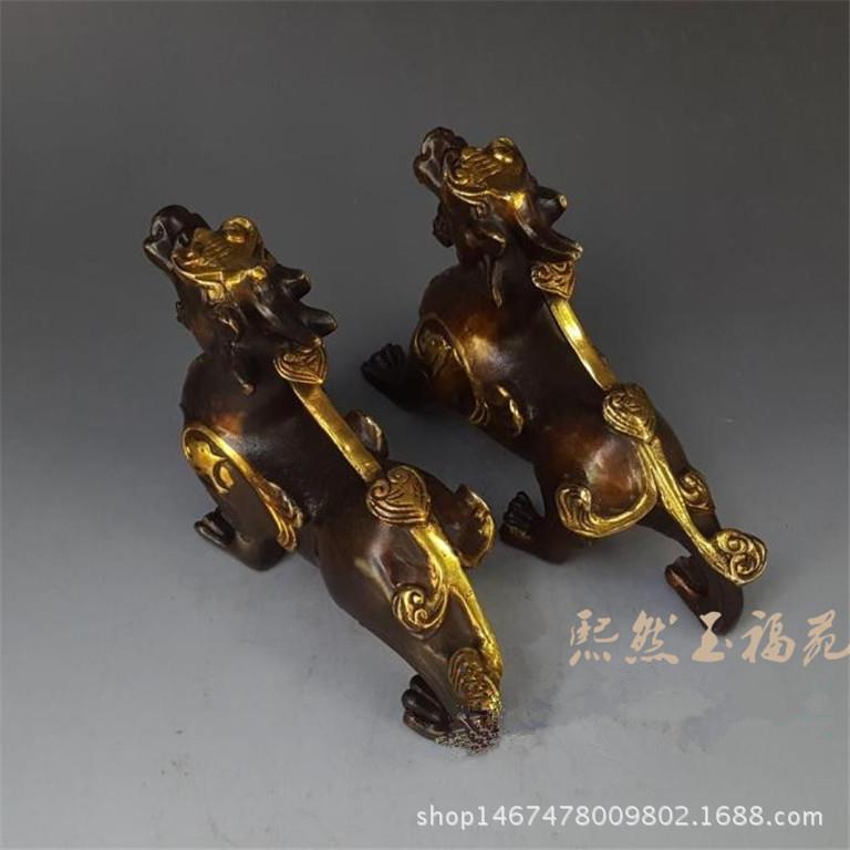 仿古纯铜鎏金如意貔貅大小号鎏金貔貅摆件一对古玩铜器礼品