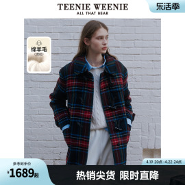 TeenieWeenie小熊秋冬绵羊毛混纺牛角扣格纹毛呢大衣外套女款