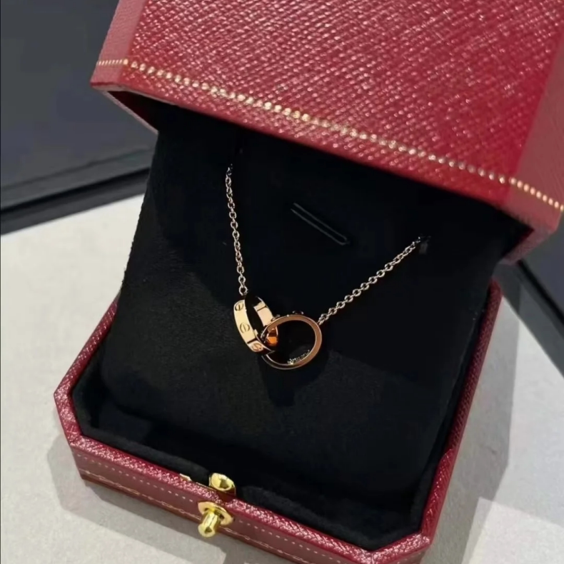【全套】99新卡地亚love系列玫瑰金双环女士项链正品