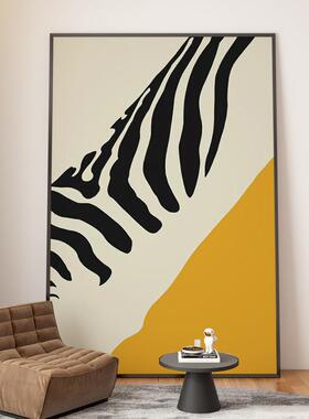 现代简约客厅落地画抽象黑白条纹黄色餐厅挂画竖版玄关正对门壁画