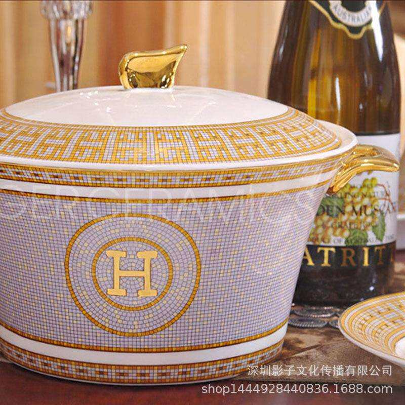 跨境欧式碗碟套装家用58头H标金边结婚送礼瓷器碗盘套碗组合餐具