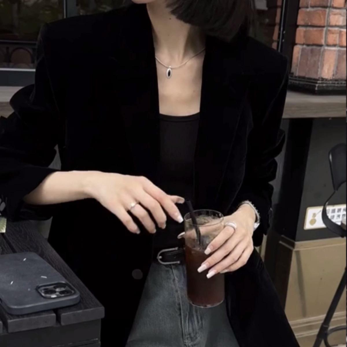 新品中长款金丝绒西装女士2026春秋新款宽松外穿上衣系带黑色西服