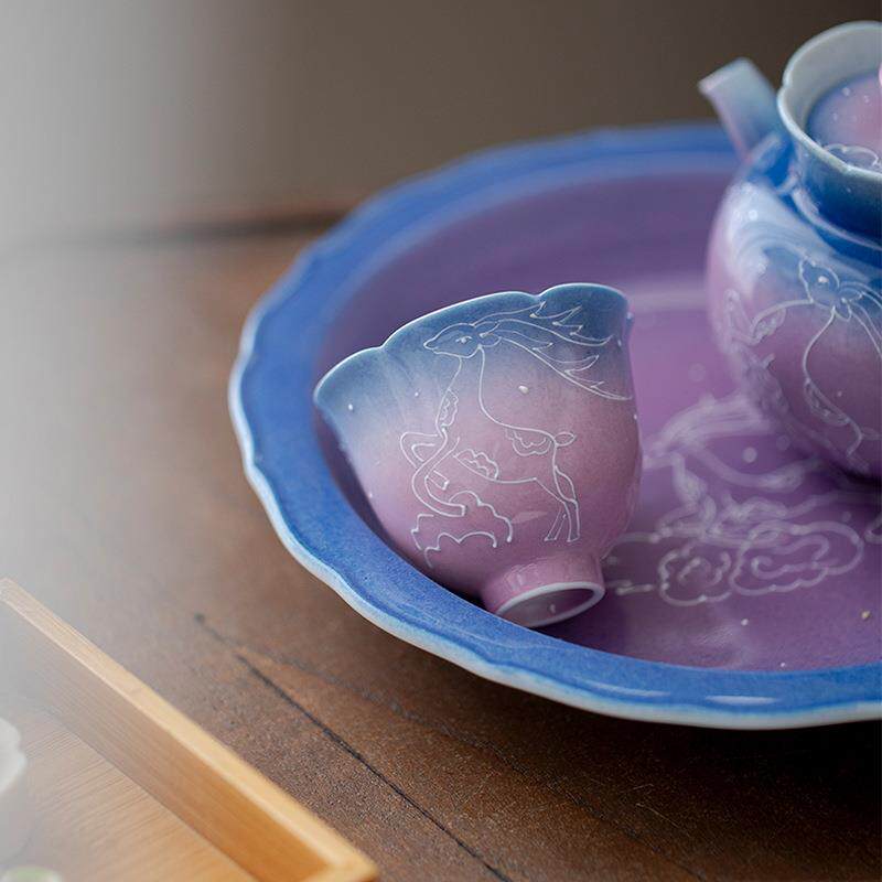 墨己梦幻紫渐变花口茶杯手绘鹿踏祥云喝茶单杯陶瓷品茗杯小号家用