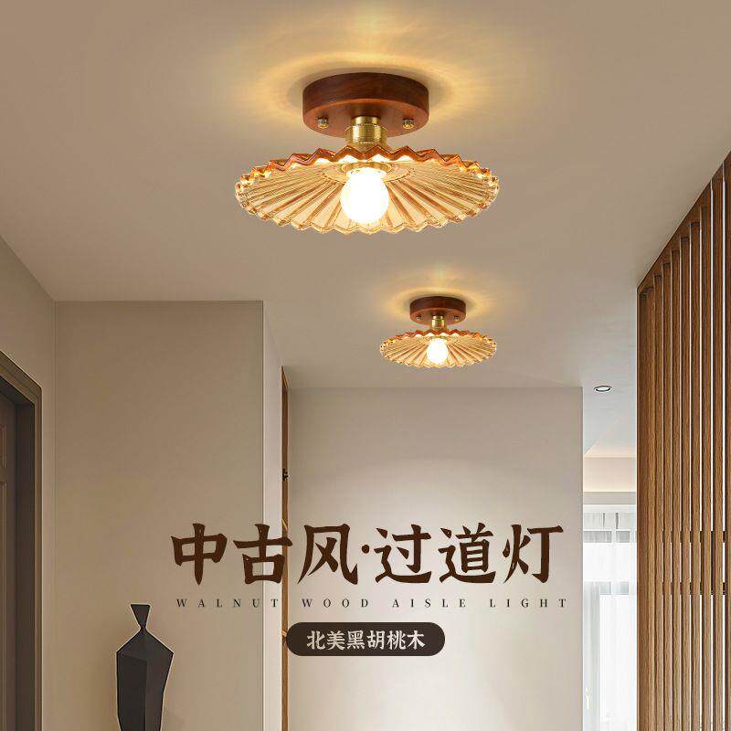 琴边中古走廊灯走道灯轻奢胡桃木中式吸顶灯复古入户玄关阳台灯