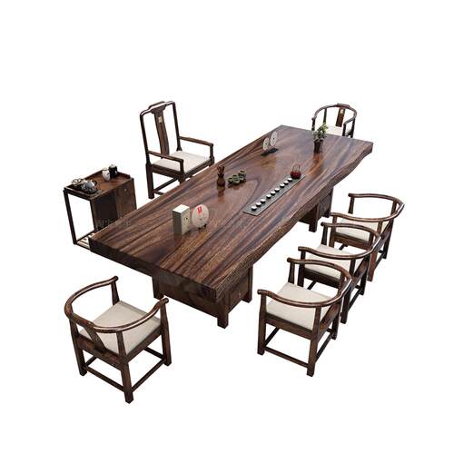胡桃木实木原切大板茶桌椅组合新中式罗汉床整板茶几整块原木茶台