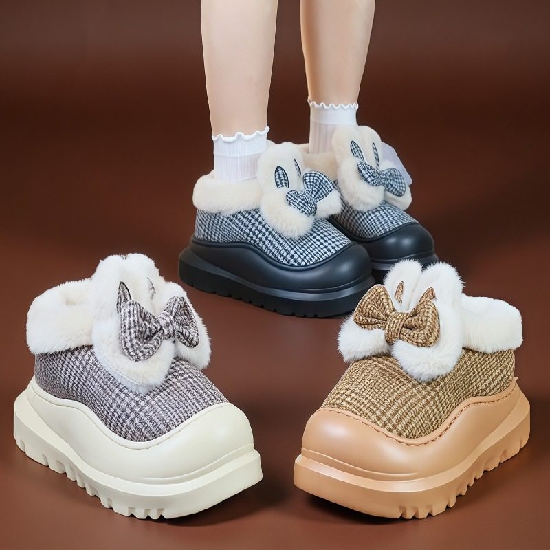冬季女时尚保暖外穿兔耳蝴蝶结棉拖鞋居家室内加绒厚底防滑棉鞋