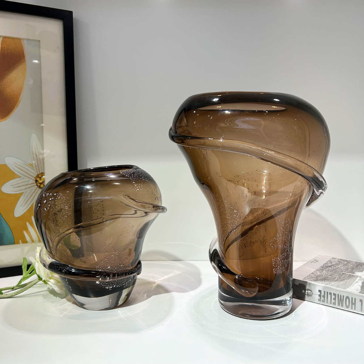 轻奢现代设计师款咖色艺术琉璃花瓶样板间酒店客厅高端插花器摆件