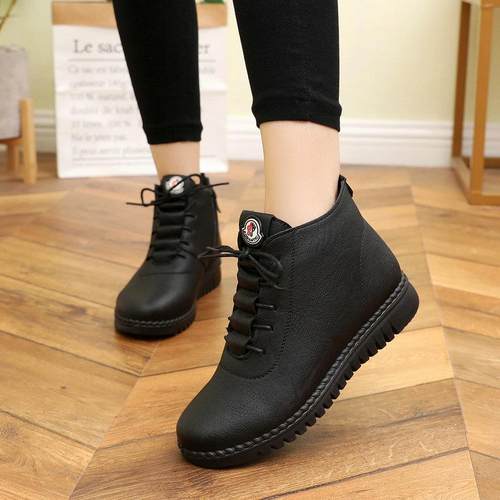 高档冬季女妈棉妈鞋皮底鞋加绒鞋女中老年孕鞋妇平底舒适防滑软休