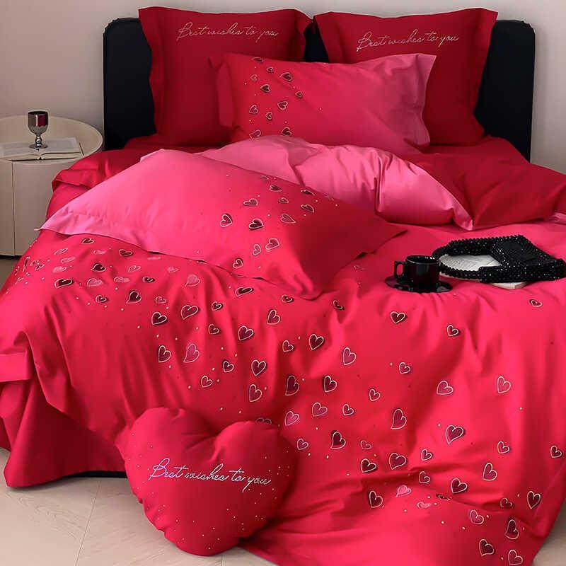 微醺渐变纯棉100S高端结婚四件套喜被爱心刺绣被套长绒棉浪漫床品