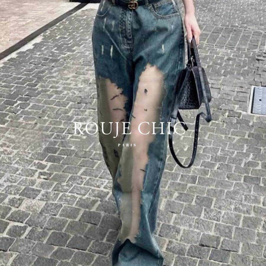 法国rouje chic夏季时尚破洞网纱拼接牛仔裤女法式高腰拖地阔腿裤