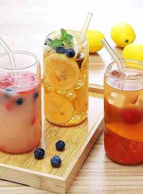 现货款16OZ玻璃杯梅森杯咖啡杯子透明玻璃杯耐高温带盖吸管可乐杯