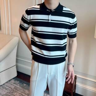 Upscale潮人 短袖男款polo衫夏季休闲针织T恤男士时尚修身黑白条
