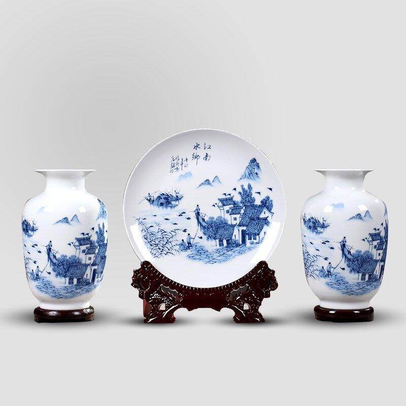 青花瓷三件套陶瓷器花瓶摆件景德镇家居酒柜装饰品客厅工艺品摆设图片
