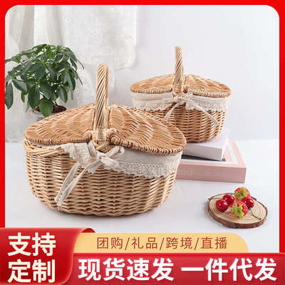 柳编草编藤编手提篮带盖大号户外野餐篮购物篮菜篮子采摘篮收纳篮
