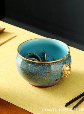 钧御窑变浮翠蓝玉陶瓷大号茶洗建水六君子高端壶承茶道茶具零配件