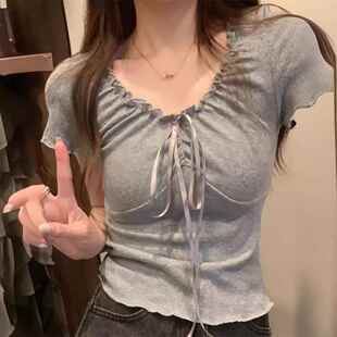 灰色计感袖T恤短女夏季新款温柔修设身显瘦短款学生上衣