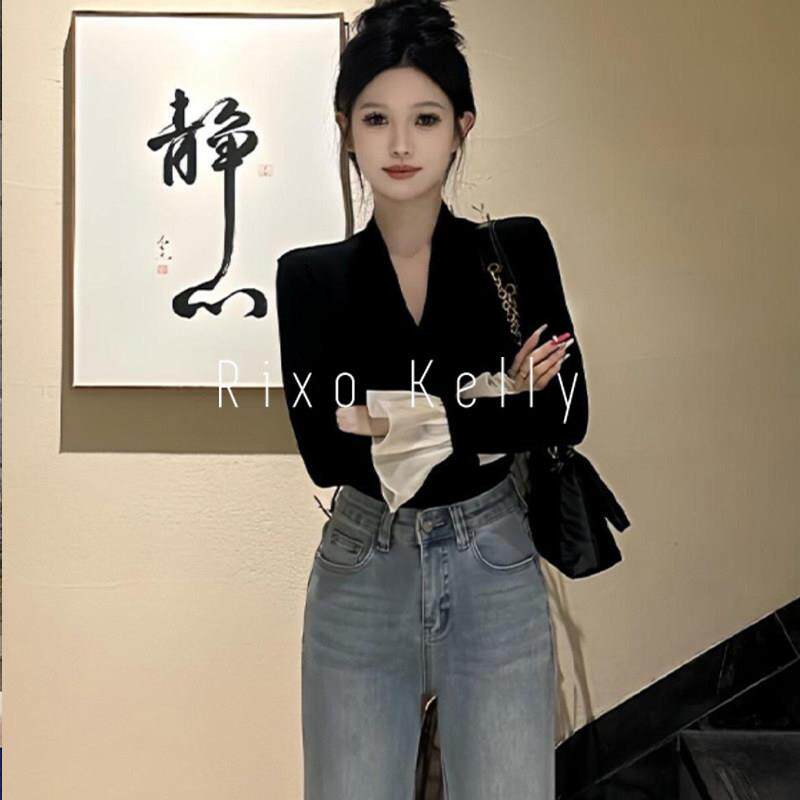 Rixo Kelly法式V领长袖T恤女高级感气质喇叭袖修身显瘦打底衫上衣