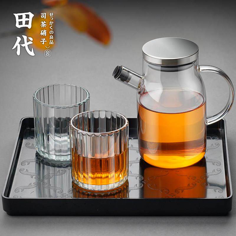 玻璃冷水壶小号家用耐热可冷藏水壶玻璃竖纹凉水杯托盘套装凉水壶