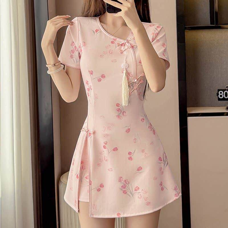 2026新款休闲足浴会所工作服女花色旗袍技师服短袖连衣裙+短裤