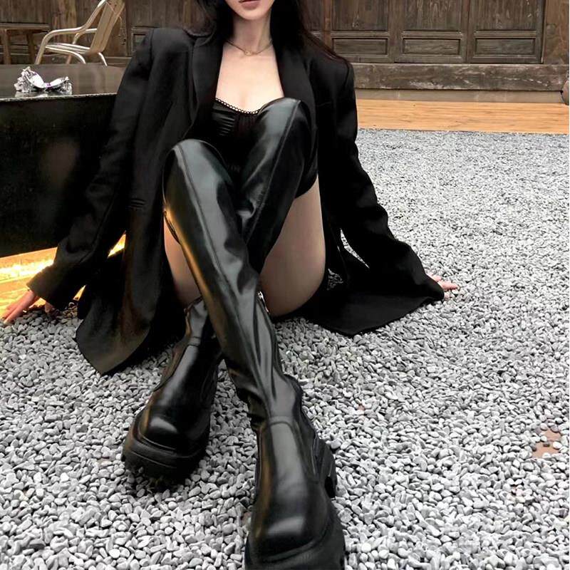 香港过膝靴女春秋显瘦2025年新款弹力靴子厚底粗跟长筒马丁靴长靴