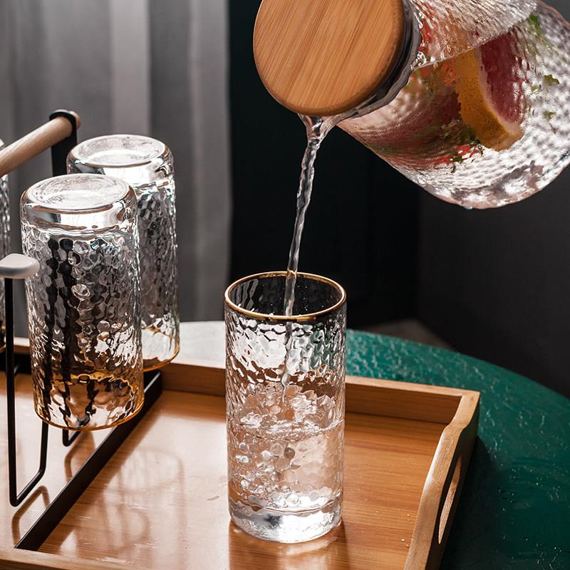 家用玻璃水具套装简约北欧冷水壶耐热锤纹杯具玻璃杯6祇装带杯架