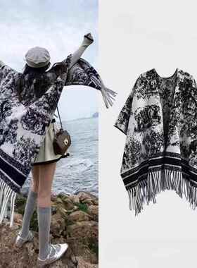 Color Fringe Trim Cape Shawl Casual Versatile Open Front