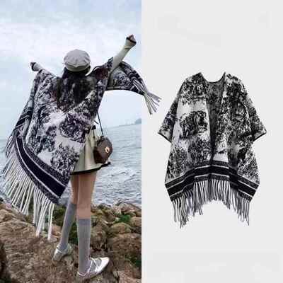 Color Fringe Trim Cape Shawl Casual Versatile Open Front
