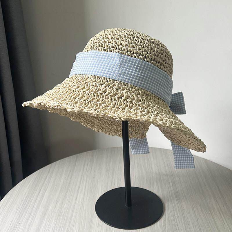 甜美蝴蝶结草帽女夏季海边度假遮阳帽大檐可折叠出游草编防0522e