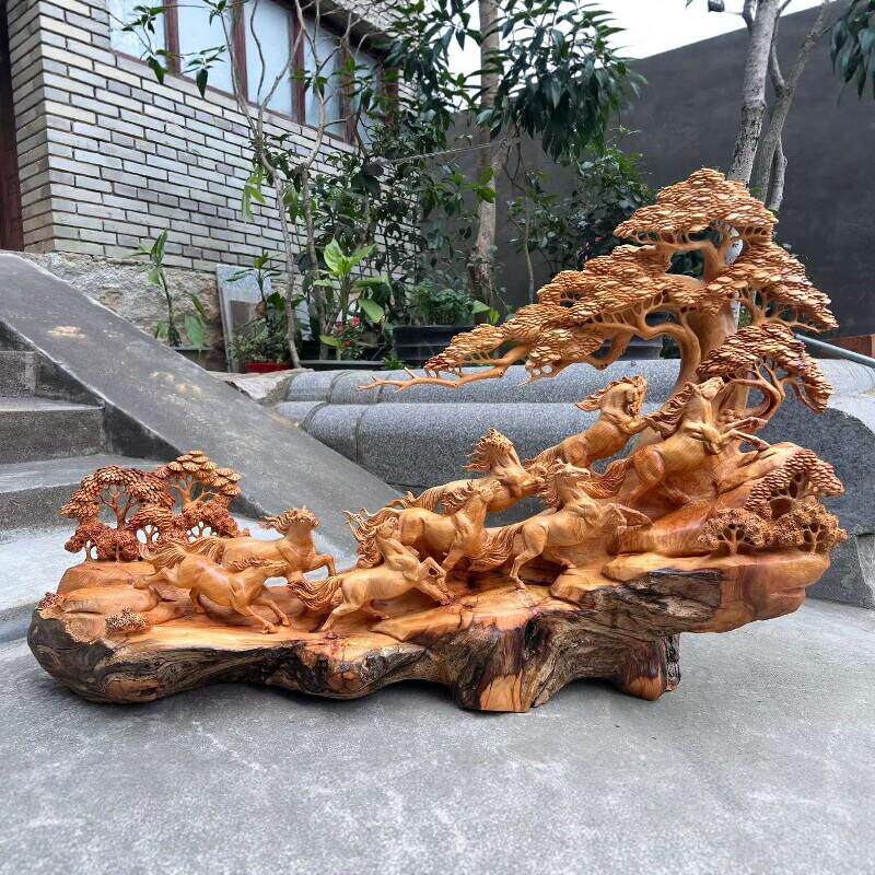 实木崖柏木雕刻马匹松树摆件景观装饰木雕山水工艺品客厅玄关摆件