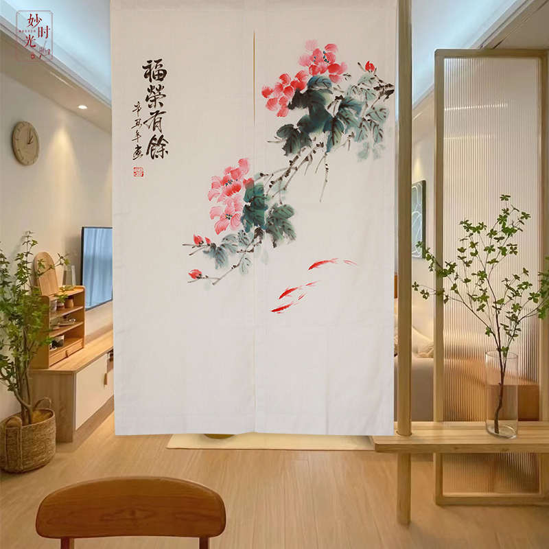 中式手绘花卉门帘 入户卧室芙蓉有余棉麻布艺半帘遮挡帘门帘