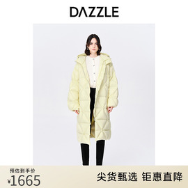 DAZZLE地素奥莱冬黄色绗缝连帽中长款菱格泡芙面包羽绒服外套女