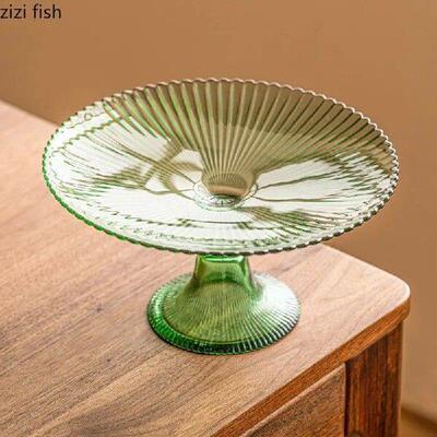 Glass High Footed Fruit Tray Creative Vertical Stripe Dim